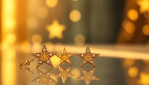 Admire these stunning earrings gold stars, showcasing their intricate design and shimmering gold finish.