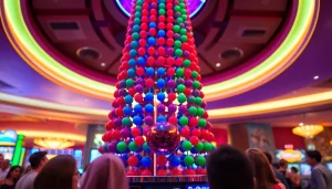 Играйте в plinko в красочном казино с падающими шарами и азартными игроками.