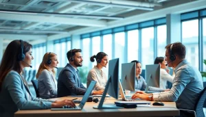 Helpdesk support team collaborating effectively in a modern office.