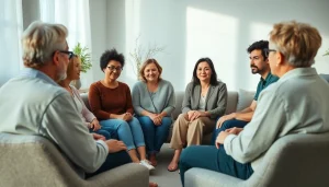 Individuals dealing with grief in a supportive therapy session, sharing experiences together.