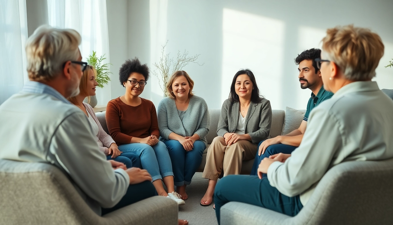 Individuals dealing with grief in a supportive therapy session, sharing experiences together.
