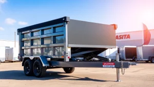 Find a dump trailer for sale near me with robust features showcased in an outdoor setting.