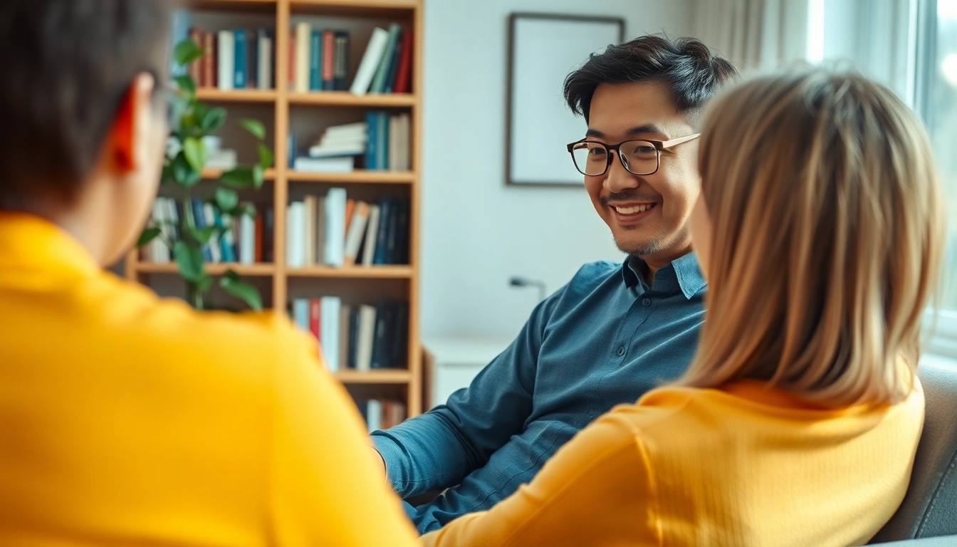 Support therapist discussing depression with client in a calming office.