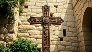 Admiring Jerusalem crosses showcasing intricate designs against a rustic stone background.
