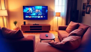 Comprar IPTV en un entorno acogedor con una gran pantalla y un ambiente relajado